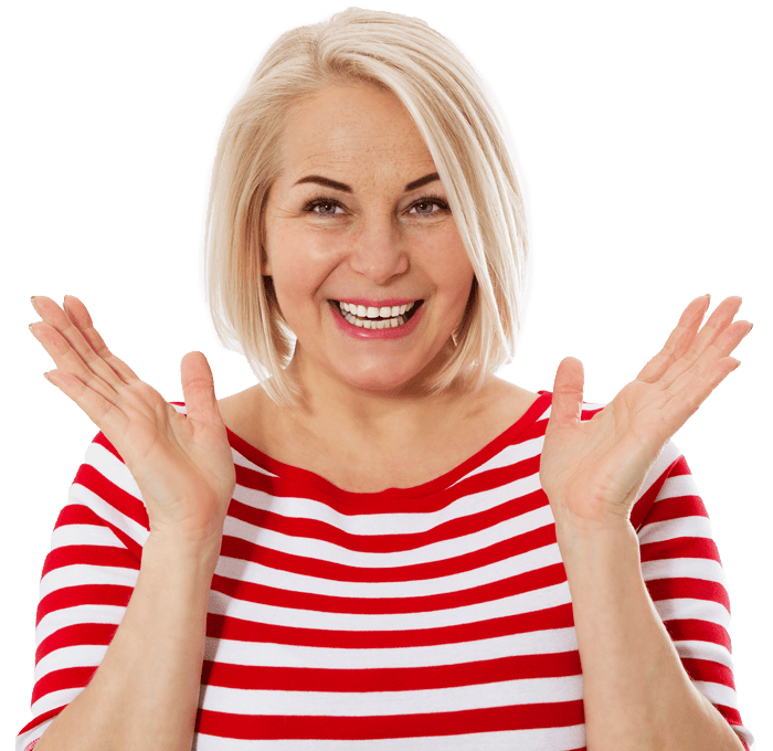happy surprised woman in red striped shirt
